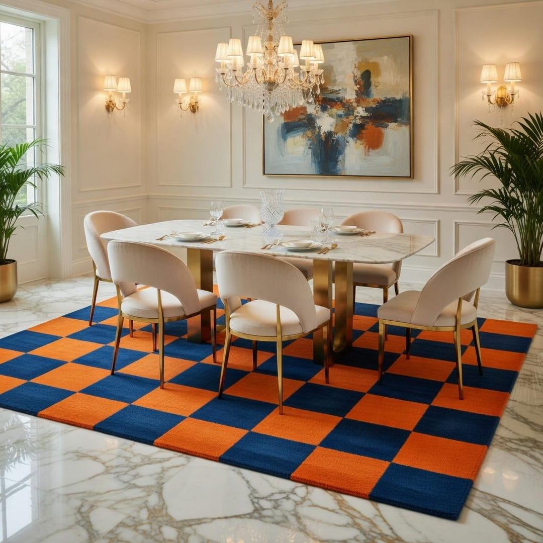 Modern Orange Blue Checkered Rug | Hand Tufted Geometric Living Room ...