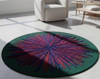 Hand Tufted Sunburst Round Rug, Forest Green, Red, 3D Textured Wool Blend Carpet