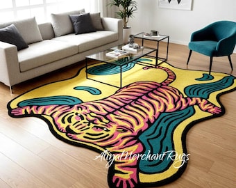 Alfombra de tigre tejida a mano, alfombra abstracta con diseño de animales, decoración colorida y llamativa para la sala de estar.