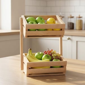 Könnte beinhalten: Ein zweistöckiger Obstständer aus Holz, gefüllt mit frischen Produkten. Die obere Ebene enthält grüne Äpfel und gelbe Zitronen, während die untere Ebene Bananen, grüne Äpfel und Trauben enthält.
