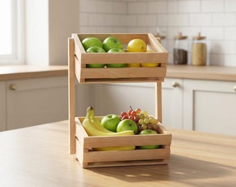 Two Tier Wooden Fruit Basket, Beech Wood Fruit Stand, Countertop Organizer, Kitchen Storage, Handmade