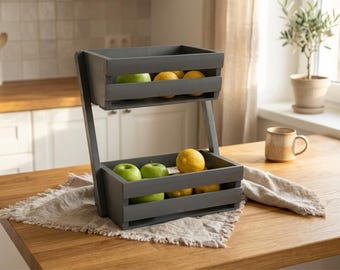 Gray Two Tier Fruit Basket Stand, Wooden Countertop Organizer, Kitchen Storage Decor