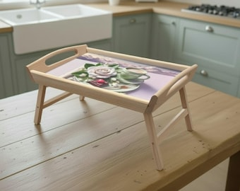 Handmade Wooden Breakfast Tray Table, Foldable Laptop Desk