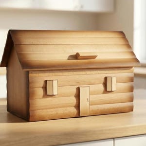 Può includere: Un portapane in legno a forma di baita con tetto a capanna, caratterizzato da un rivestimento orizzontale a tronchi, una porta rettangolare centrale e due piccole finestre quadrate sulla facciata, in tonalità marrone chiaro con bordi scuri.