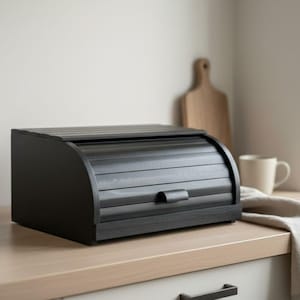 Panera negra con tapa enrollable / Panera de madera de haya / Decoración para encimera de cocina