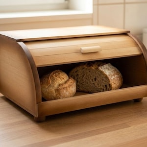 May include: A wooden bread bin with a roll-top lid, containing two loaves of bread. The bin is made of light-coloured wood and has a simple design. The bread is golden brown and looks freshly baked.
