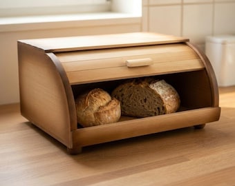 Roll Top Holzbrotkasten | Brotkasten aus Buche| Rustikale Küchen Aufbewahrung