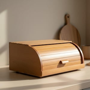 Panera de madera marrón, panera de haya, panera con tapa enrollable, almacenamiento de cocina