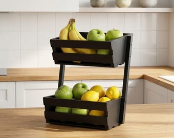 Black Two Tier Wooden Fruit Basket, Fruit Stand for Kitchen Counter, Beech Wood Organizer