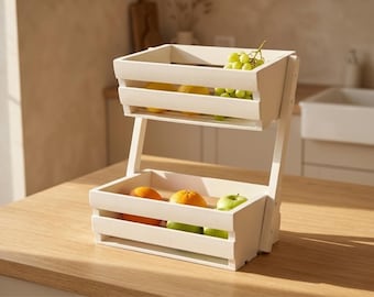 White Wooden Fruit Basket Stand, Two Tier Kitchen Counter Organizer, Farmhouse Fruit Storage