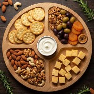May include: A round wooden serving platter filled with snacks. It includes crackers, nuts, olives, dried apricots, cheese cubes, and a small bowl of white dip. Rosemary sprigs are arranged around the platter.