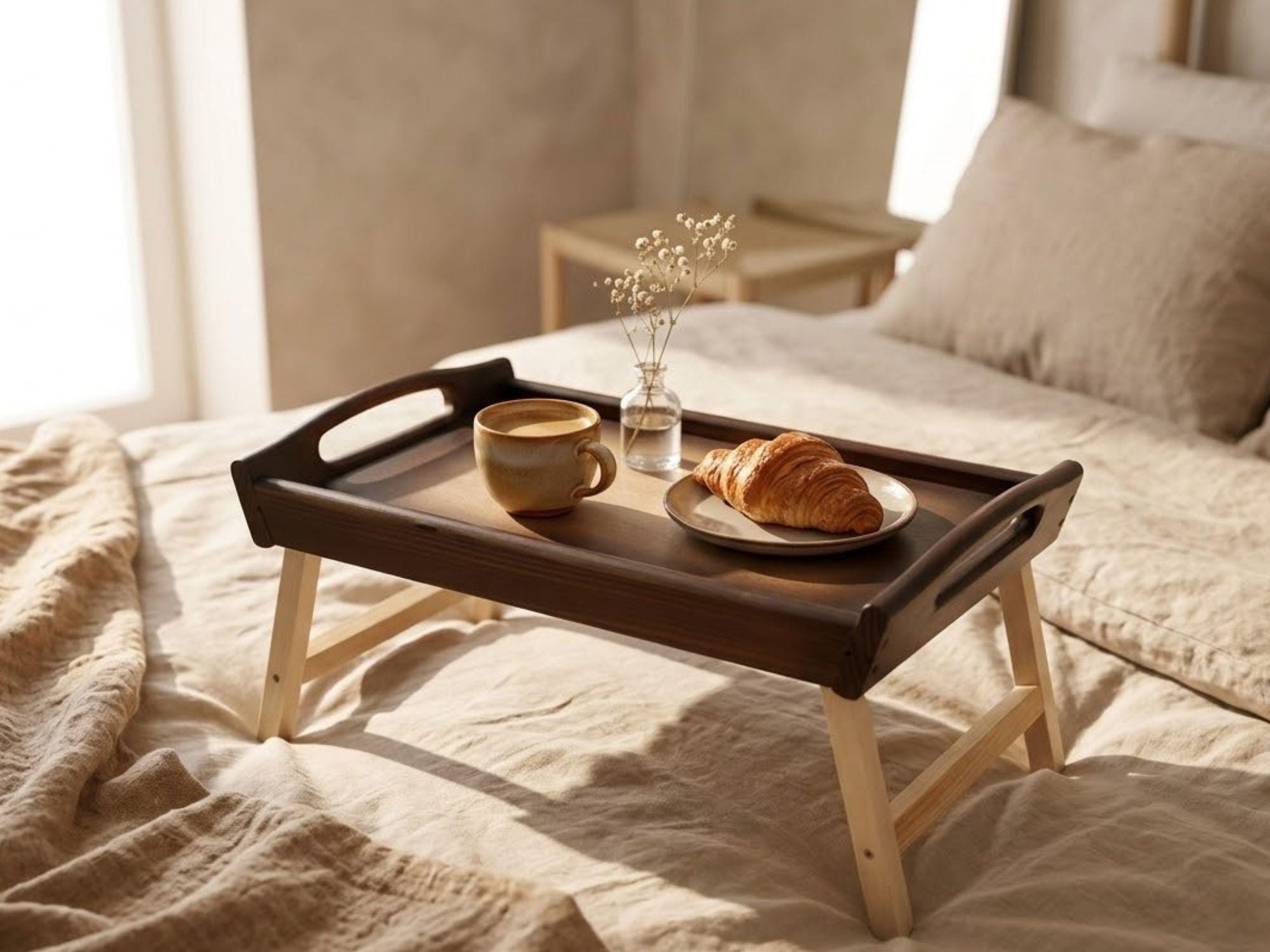 Vassoio Da Letto Pieghevole In Bambù, Multiuso Per Colazione, Laptop, Snack E Scrivania Da Divano (52x23,6x17,5 Cm)