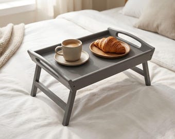 Gray Wooden Bed Tray Table, Folding Legs, Laptop Lap Desk, Breakfast Serving Tray