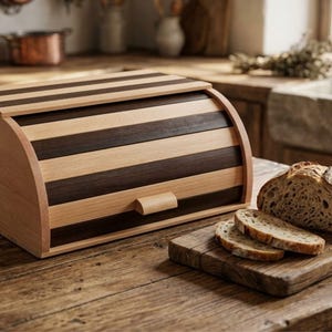 Mörkrandig brödlåda i bok, brödförvaring i trä med rulltopp