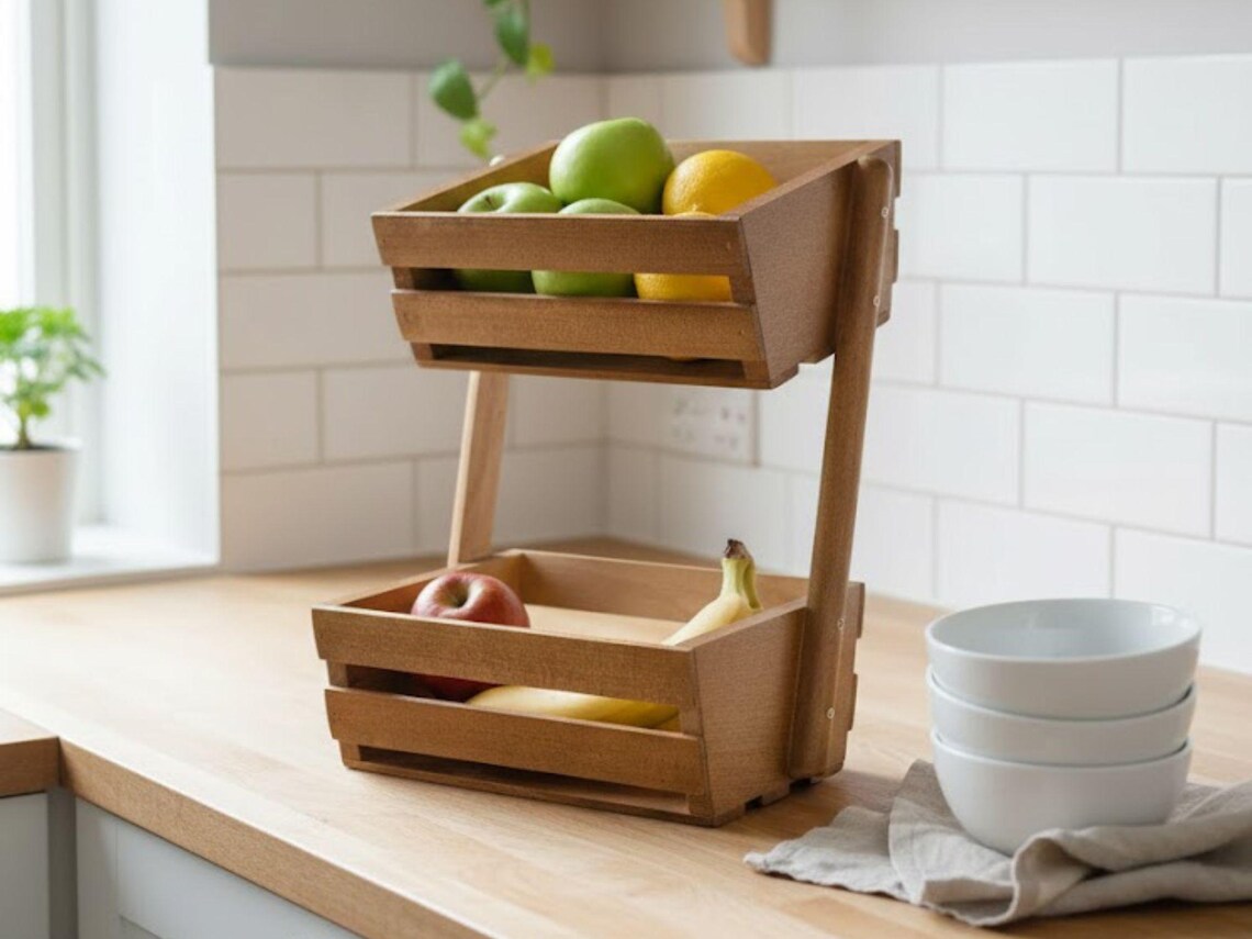 Two Tier Wooden Fruit Basket Stand | Brown Beech Wood Kitchen Counter ...