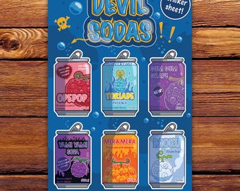 Hoja de calcomanías de Devil Sodas / Calcomanías de vinilo inspiradas en piratas de anime para diario, computadora portátil y botella de agua