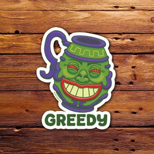 Puede incluir: Una pegatina con una jarra verde de dibujos animados con una cara, ojos rojos y una amplia sonrisa. La jarra tiene un asa y detalles morados, con la palabra "GREEDY" en verde y blanco debajo.