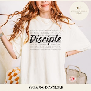 May include: A cream-coloured t-shirt with the word "Disciple" in a bold, black font. The shirt also features a list of related words in a smaller font. The text "SVG & PNG DOWNLOAD" is at the bottom.