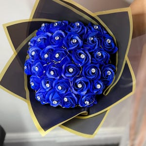 Elegant Royal Blue Rose Bouquet with Crystal Accents and lights