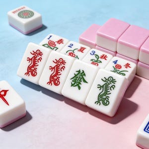 Peut inclure: Un ensemble de tuiles de Mahjong blanches et roses avec des symboles et des caract&egrave;res rouges, verts et noirs. Les tuiles sont dispos&eacute;es sur une surface bicolore rose et bleue, avec certaines tuiles empil&eacute;es en arri&egrave;re-plan.