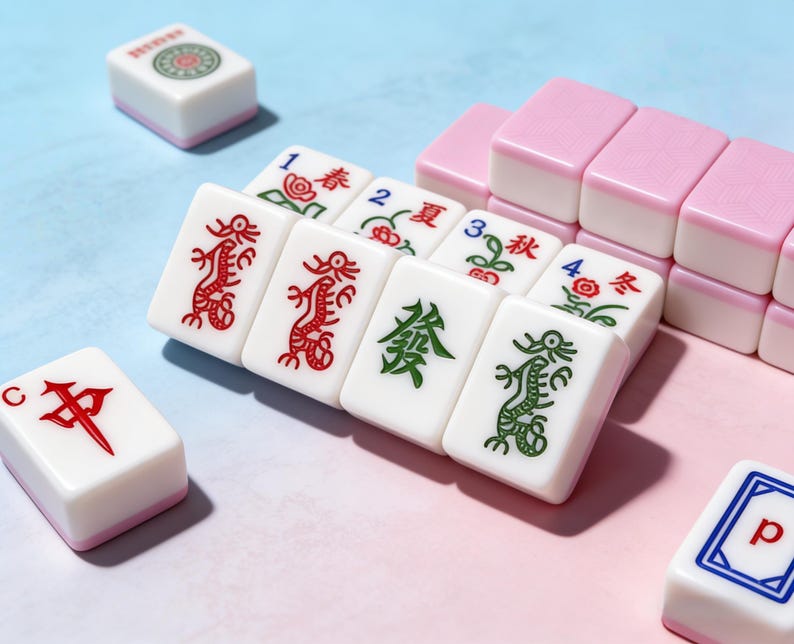 Peut inclure: Un ensemble de tuiles de Mahjong blanches et roses avec des symboles et des caract&egrave;res rouges, verts et noirs. Les tuiles sont dispos&eacute;es sur une surface bicolore rose et bleue, avec certaines tuiles empil&eacute;es en arri&egrave;re-plan.