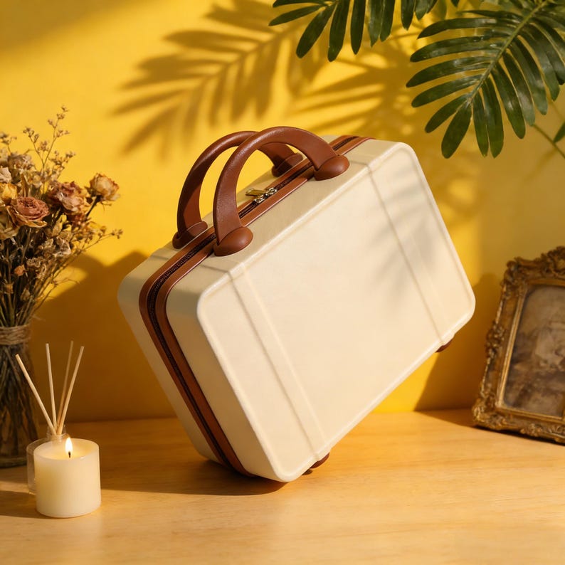 May include: Cream-colored, vintage-style suitcase with brown leather accents and a matching handle. The suitcase has a rectangular shape with rounded corners and a small lock. The design is reminiscent of classic travel luggage.