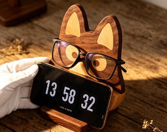 Vaderdagcadeau Massief houten brilstandaard, handgemaakte lenzenvloeistofhouder van natuurlijk hout, praktische bureautelefoonorganizer cadeau voor papa