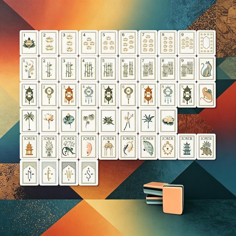 May include: A set of mahjong tiles arranged in a grid, featuring numbered suits from one to nine, bamboo patterns, lanterns, botanical illustrations, and joker tiles. Four tiles at the bottom display the letters N, E, W, and S. A small stack of tiles sits nearby.