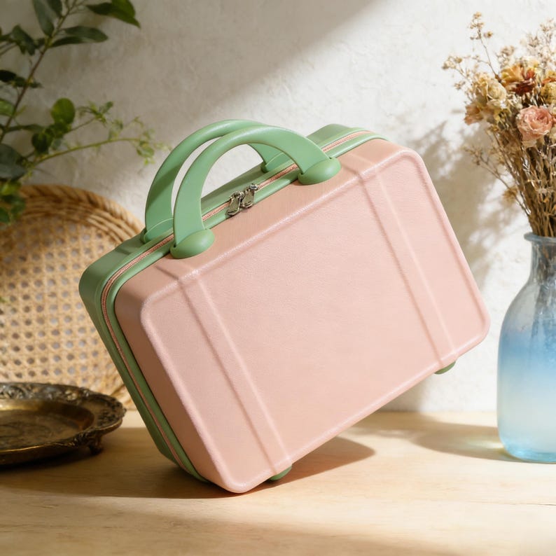 May include: A small, pink suitcase with a mint green handle and trim. The suitcase has a rectangular shape with vertical lines on the front and a silver zipper. The handle is arched, and the suitcase appears to be made of a hard material.
