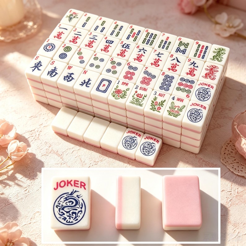 May include: A set of white Mahjong tiles with pink backs, featuring various red, blue, and green engraved characters, numbers, and symbols. The tiles include suits, winds, dragons, flowers, seasons, and Joker tiles with a blue dragon graphic.