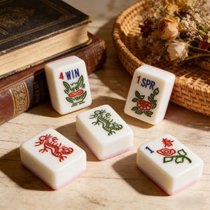 Peut inclure: Cinq tuiles de Mahjong blanches avec des symboles et du texte rouges, verts et noirs. Les tuiles sont dispos&eacute;es sur une surface en bois clair pr&egrave;s d'un panier en osier et de livres anciens. Les tuiles ont des bords roses.