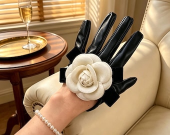 Gants en cuir PU camélia noir, gants courts vintage pour mariages et événements
