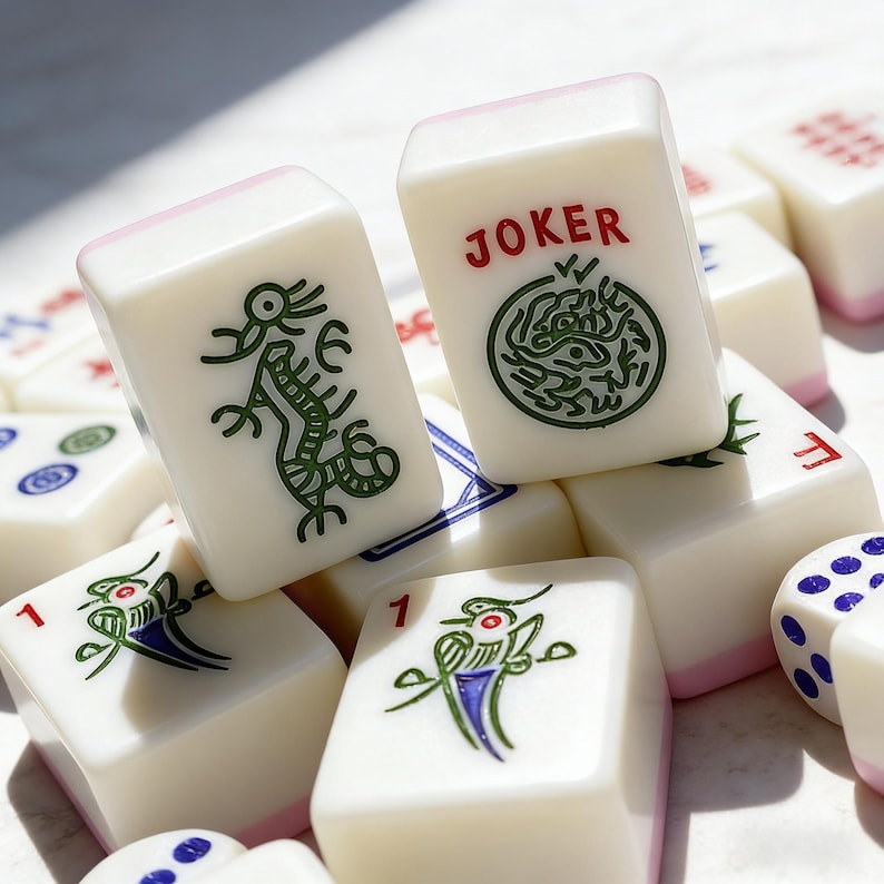 Peut inclure: Un ensemble de tuiles de Mahjong blanches avec des bords roses. Certaines tuiles pr&eacute;sentent des illustrations de dragons et d'oiseaux verts, tandis que d'autres affichent le mot "JOKER" en rouge. Les pi&egrave;ces de jeu sont &eacute;parpill&eacute;es, avec quelques d&eacute;s visibles.