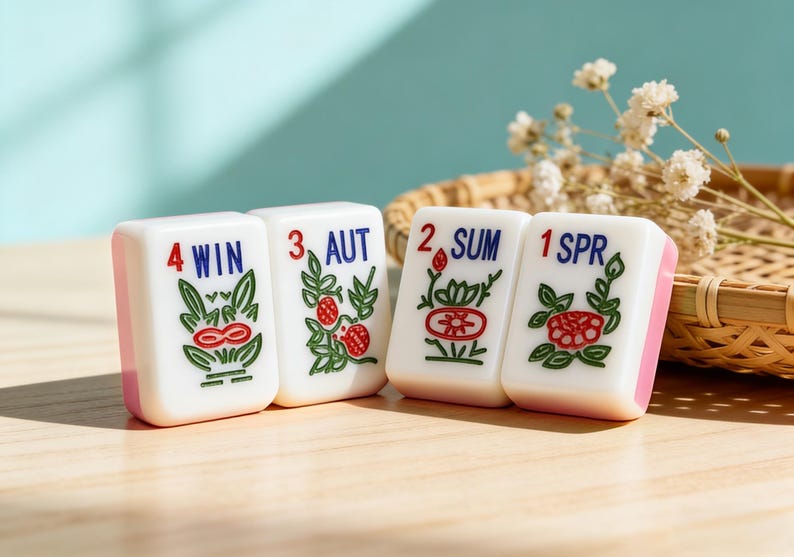 Peut inclure: Quatre tuiles de Mahjong blanches avec des bords roses. Chaque tuile affiche une saison : WIN, AUT, SUM et SPR, avec des illustrations rouges, vertes et bleues. Un panier en osier et des fleurs sont en arri&egrave;re-plan, sur une surface en bois.