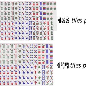 Peut inclure: Deux ensembles de tuiles de Mahjong sont pr&eacute;sent&eacute;s, l'un avec 166 tuiles et l'autre avec 144 tuiles. Les tuiles sont blanches avec divers symboles rouges, verts, bleus et noirs. Le texte indique "166 tuiles par ensemble" et "144 tuiles par ensemble".