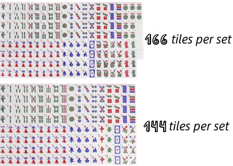 Peut inclure: Deux ensembles de tuiles de Mahjong sont pr&eacute;sent&eacute;s, l'un avec 166 tuiles et l'autre avec 144 tuiles. Les tuiles sont blanches avec divers symboles rouges, verts, bleus et noirs. Le texte indique "166 tuiles par ensemble" et "144 tuiles par ensemble".