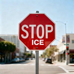 May include: A red octagonal stop sign with the words "STOP ICE" in white letters. The sign is mounted on a metal pole and is positioned on a city street with buildings and cars in the background.