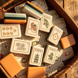 May include: A collection of rectangular mahjong tiles with cream-colored faces featuring green and gold illustrations of pagodas, fans, animals, and the word JOKER. Some tiles have solid orange, green, and cream backs, all contained in a woven basket.