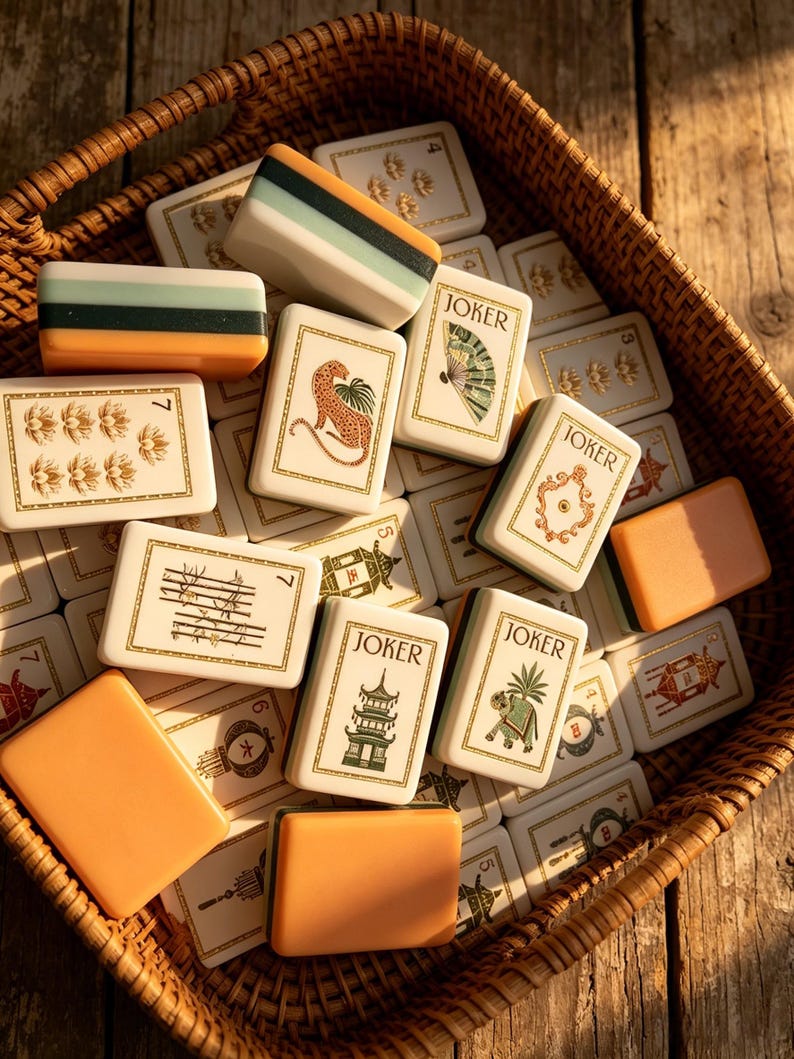 May include: A collection of rectangular mahjong tiles with cream-colored faces featuring green and gold illustrations of pagodas, fans, animals, and the word JOKER. Some tiles have solid orange, green, and cream backs, all contained in a woven basket.