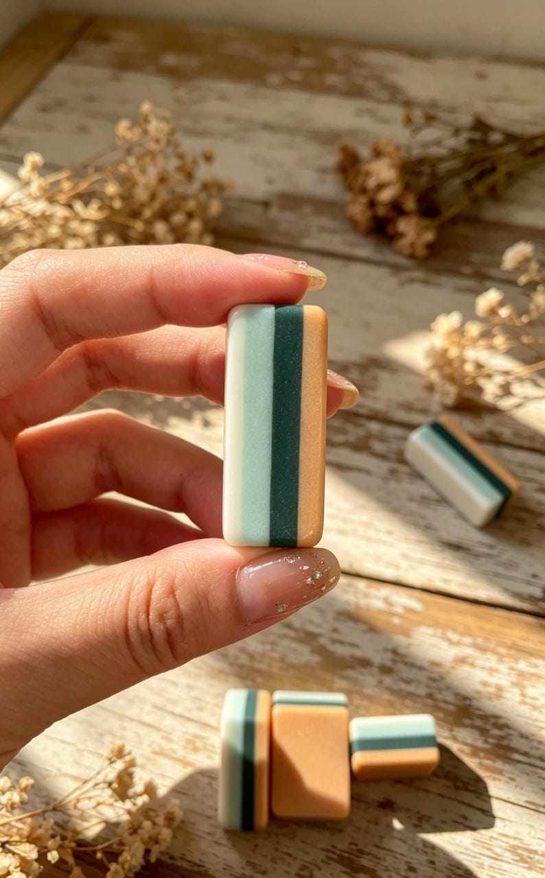 May include: A rectangular, smooth, multi-colored block featuring vertical stripes of light mint green, dark forest green, and soft peach. The object has a glossy finish and rounded edges, with a flat, uniform shape that is held between fingers.