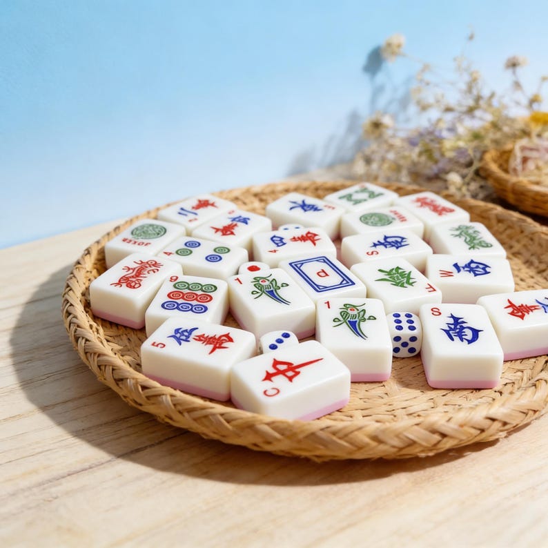 Peut inclure: Un ensemble de tuiles de Mahjong blanches avec des symboles et des caract&egrave;res color&eacute;s, dispos&eacute;es sur un plateau tress&eacute;. Les tuiles pr&eacute;sentent des motifs rouges, verts, bleus et noirs. Un d&eacute; est &eacute;galement visible. Le plateau est en mat&eacute;riau tress&eacute; de couleur naturelle.