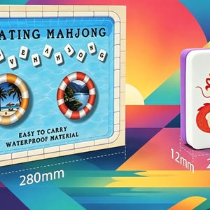 May include: A Floating Mahjong game set in a box measuring 280mm by 200mm by 65mm, featuring the text "FLOATING MAHJONG," "I LOVE MAHJONG," and "EASY TO CARRY WATERPROOF MATERIAL." A single game tile measuring 36mm by 26mm by 12mm shows a red dragon.