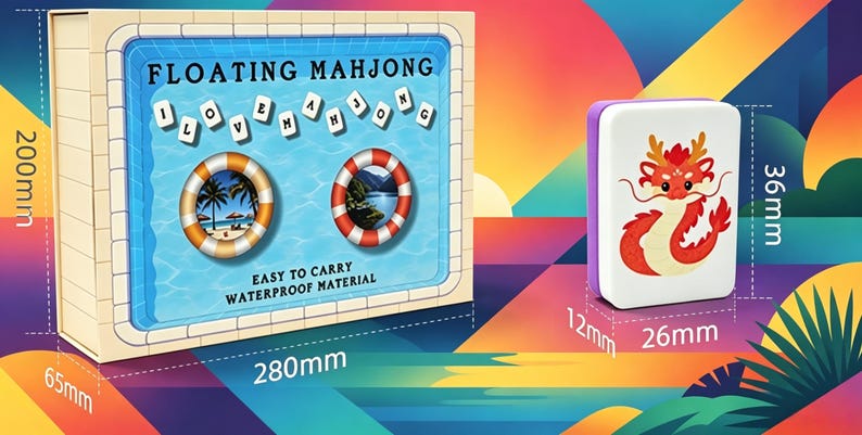May include: A Floating Mahjong game set in a box measuring 280mm by 200mm by 65mm, featuring the text "FLOATING MAHJONG," "I LOVE MAHJONG," and "EASY TO CARRY WATERPROOF MATERIAL." A single game tile measuring 36mm by 26mm by 12mm shows a red dragon.