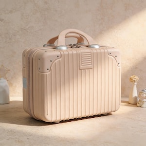 May include: A blush-colored, small suitcase with a handle and silver-toned hardware. The suitcase has vertical ribbed detailing and rounded corners. The handle is arched, and the suitcase has a rectangular shape. The suitcase is sitting on a light-colored surface.