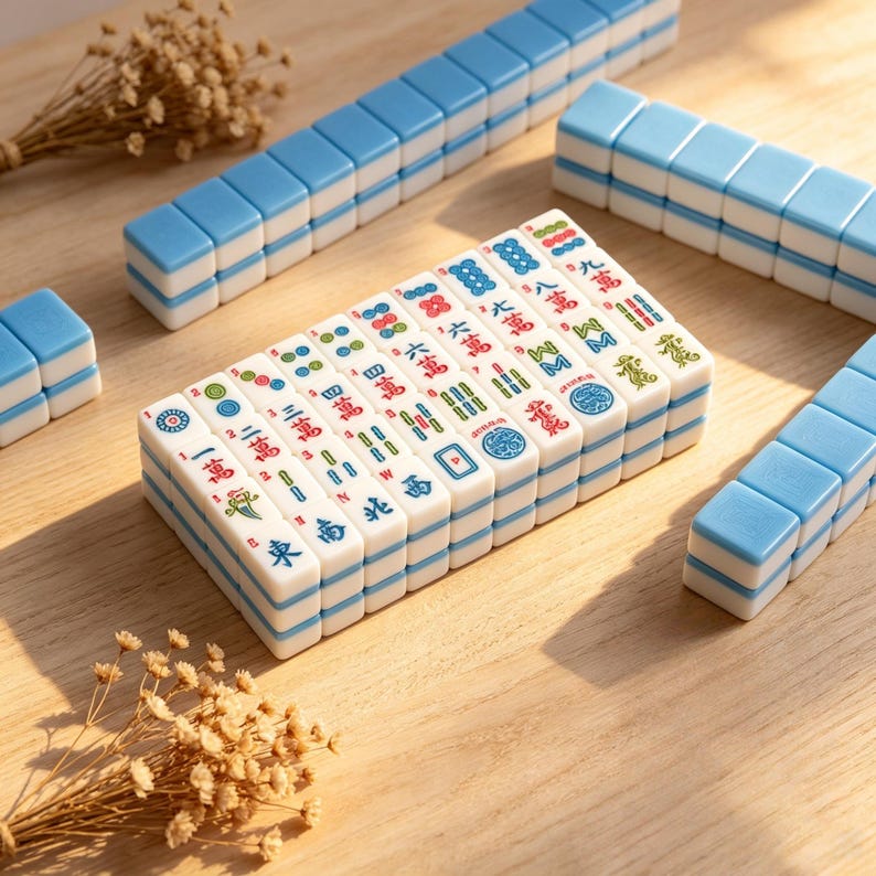 May include: A set of white and light blue mahjong tiles arranged in rows and a central stack. The tiles feature various colorful Chinese characters, numbers, and symbols in red, green, and blue ink, including circles, bamboo, and directional markers.
