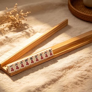 May include: A wooden Mahjong tile rack with a set of tiles. The rack is made of light-colored wood and has a rectangular shape. The tiles are white with red and black markings. The game is set on a beige surface.