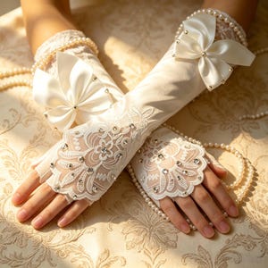 May include: A pair of fingerless ivory satin gloves featuring intricate white floral lace overlays, embellished with clear crystals and a prominent satin bow at the wrist. The gloves are accented with delicate pearl trim along the edges.