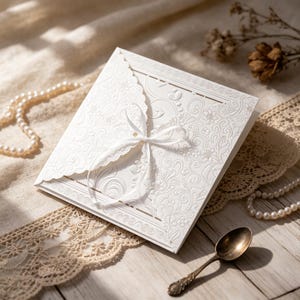 May include: A square white invitation card featuring intricate embossed floral and scroll patterns, a scalloped edge flap, and a thin white ribbon tied in a bow at the center. The card is constructed from heavy cardstock with a matte finish.