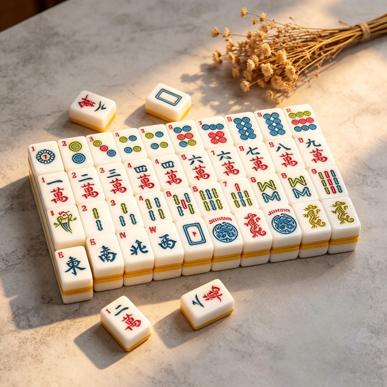 May include: A set of white rectangular mahjong tiles featuring various colorful engraved symbols, Chinese characters, and numbers. The tiles are arranged in a grid formation with several loose tiles placed around the main group on a gray surface.