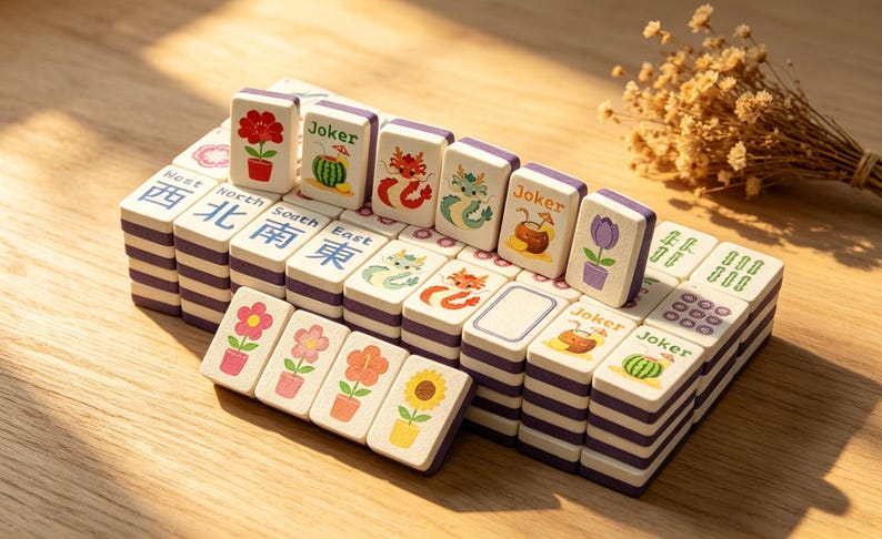 Floating Waterproof Mini Mahjong Tiles Set, Cute Dragon Floral Cartoon Mahjong, Portable Travel Pool Beach Mahjong Game, EVA Foam Lightweigh image 3